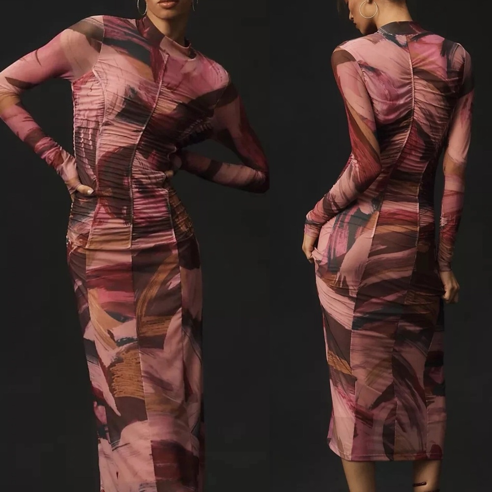 Anthropologie Long Sleeve Printed Mesh Midi Maxi Dress Ruched Mock Neck - Picture 5 of 16